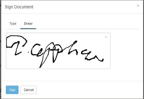 Application window showing a digital signature and buttons to sign or cancel.